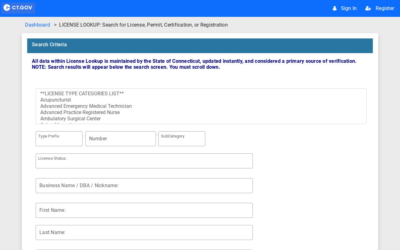 Watertown ZIP code directory search fields in Connecticut eLicense